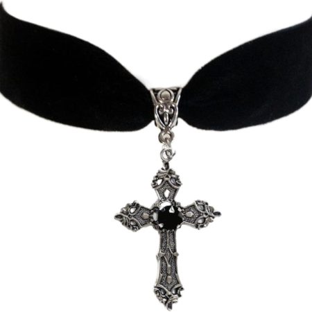 Unique Cross Pendant Necklace – Gothic Vintage Velvet Crucifix Choker