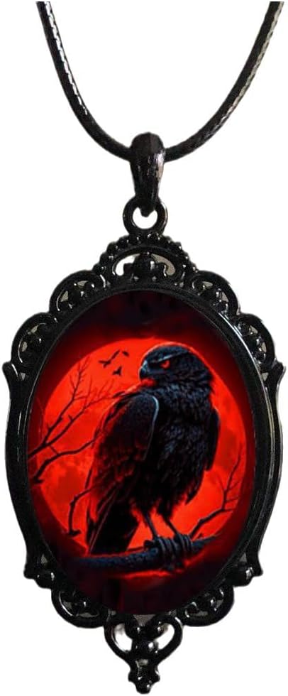 Gothic Bat Glass Pendant Necklace – Vintage Rope Chain, Witch Dark Punk Style