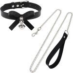 2-Piece Faux Leather Collar and Leash – Wide Bow Choker with Bell, Adjustable Punk Style
