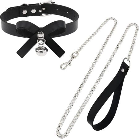 2-Piece Faux Leather Collar and Leash – Wide Bow Choker with Bell, Adjustable Punk Style