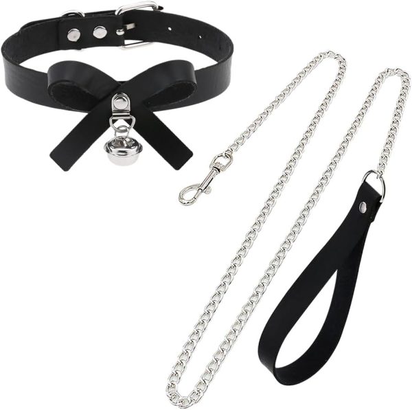 2-Piece Faux Leather Collar and Leash – Wide Bow Choker with Bell, Adjustable Punk Style