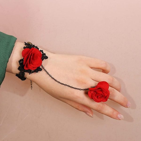 Black Lace Rose Bracelet with Ring – Gothic Vintage Romantic Wrist Accessory, Rhinestone Fringe Chain
