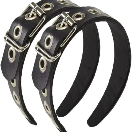 2-Piece Gothic Punk Metal Buckle Headband – Black Leather Belt Design Hair Accessory