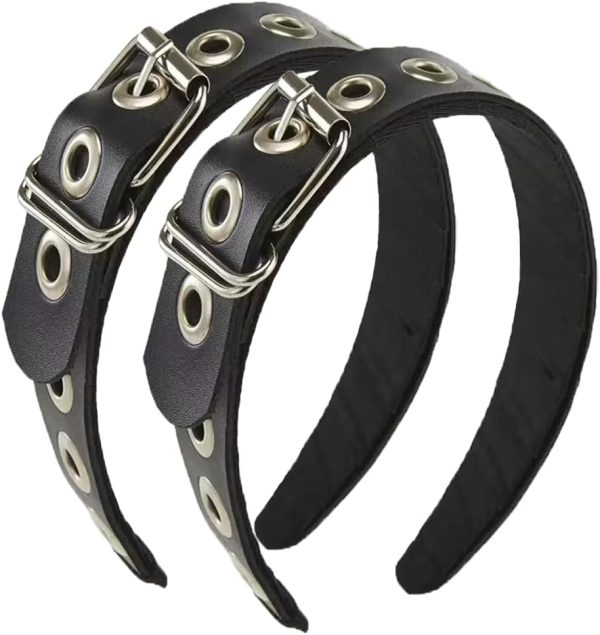 2-Piece Gothic Punk Metal Buckle Headband – Black Leather Belt Design Hair Accessory