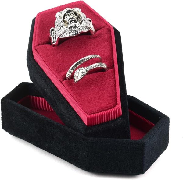 Velvet Coffin Ring Box – Gothic Style, 2 Slots, Black and Red