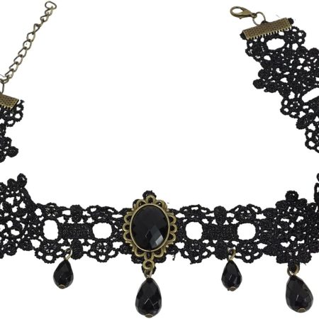 Gothic Choker Necklace – Black Lace with Crystal Pendant, Adjustable Witch Style