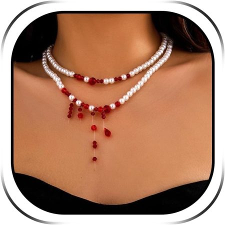 Gothic Pearl Choker with Blood Drop Pendant – Victorian Style Halloween Vampire