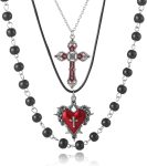 Gothic Layered Necklace – Vintage Cross & Heart Pendant, Red Black Crystal Gemstone