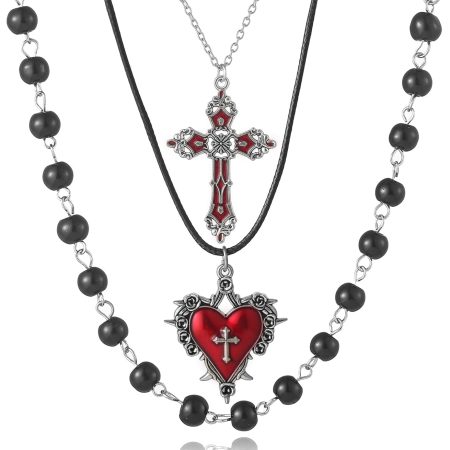 Gothic Layered Necklace – Vintage Cross & Heart Pendant, Red Black Crystal Gemstone