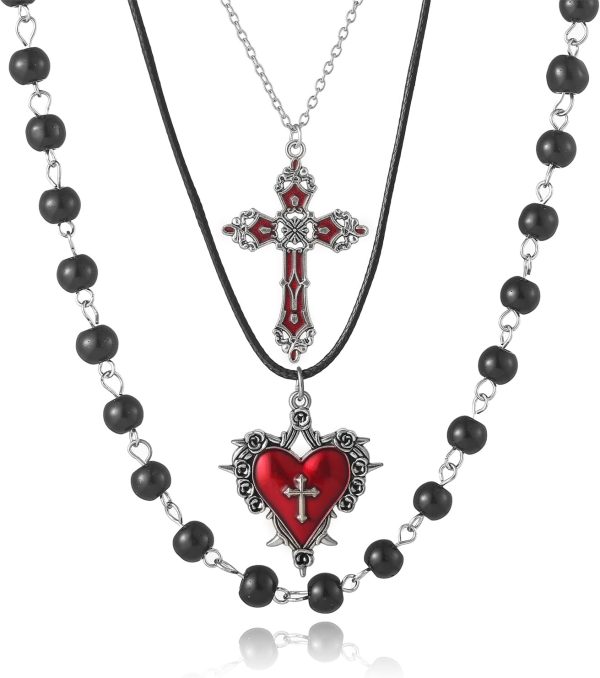 Gothic Layered Necklace – Vintage Cross & Heart Pendant, Red Black Crystal Gemstone