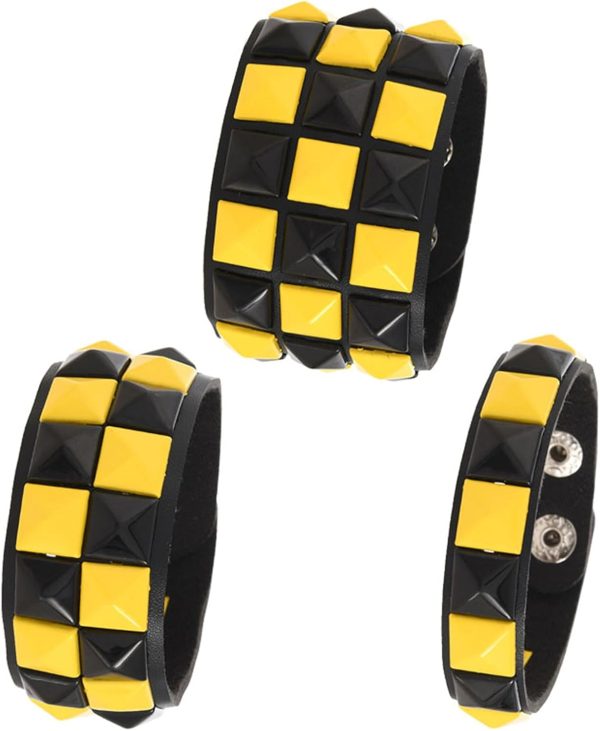 3-Piece Checkered Leather Bracelet Set – Black White PU Wristband, Adjustable Gothic Punk