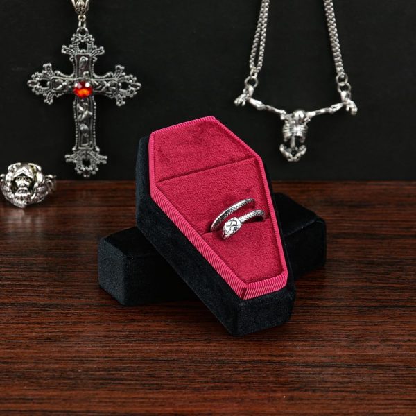 Velvet Coffin Ring Box – Gothic Style, 2 Slots, Black and Red