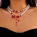 Gothic Pearl Choker with Blood Drop Pendant – Victorian Style Halloween Vampire
