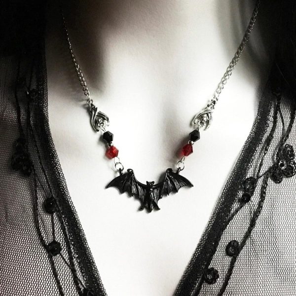 Vintage Gothic Bat Necklace – Red Black Crystal Gem Bat Pendant, Punk Hip Hop Style