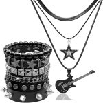 5-Piece Layered Star Grunge Emo Studded Bracelet & Goth Necklace Set – Y2K Guitar Choker, Spiked Leather