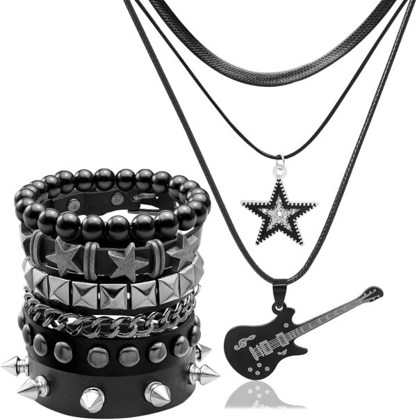 5-Piece Layered Star Grunge Emo Studded Bracelet & Goth Necklace Set – Y2K Guitar Choker, Spiked Leather