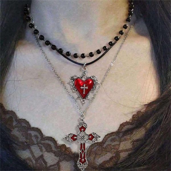 Gothic Layered Necklace – Vintage Cross & Heart Pendant, Red Black Crystal Gemstone