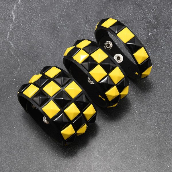 3-Piece Checkered Leather Bracelet Set – Black White PU Wristband, Adjustable Gothic Punk